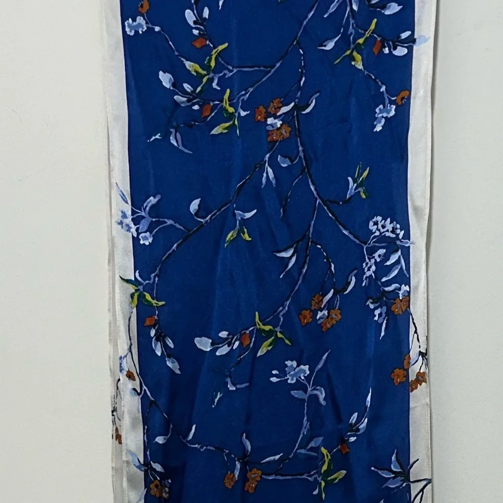 NWT White House Black Market blue floral 100% silk scarf 80”L x 12”W